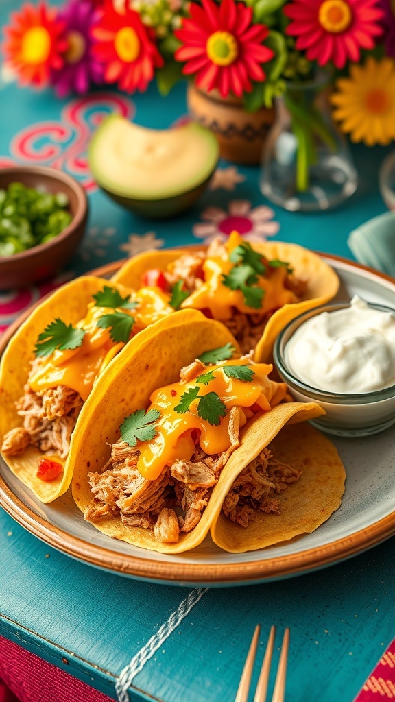 Baked chicken tacos with corn tortillas, topped with cheese and garnished with cilantro, served with sour cream.